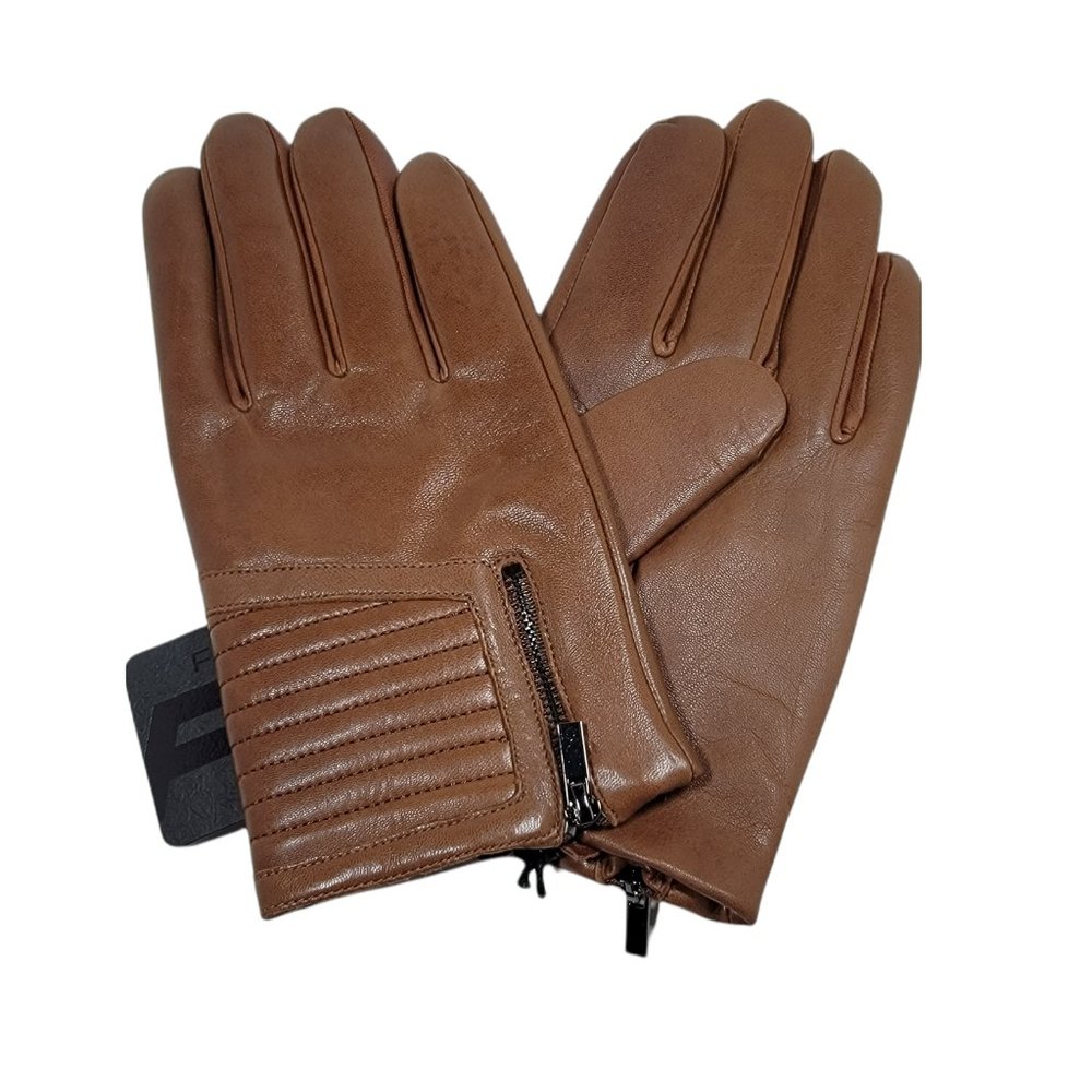 Brown Women's Leather Zip-Accent Gloves